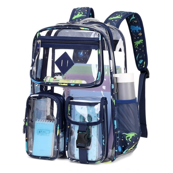 Sanmadrola Large Clear Backpack Heavy Duty Stadium Approved See Through Backpack Waterproof PVC Transparent Backpacks Clear Book Bag with Reinforced Strap for School Work Travel, Navy Dinosaur