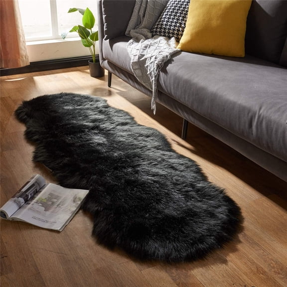 Sanmadrola Luxury Soft Faux Sheepskin Couch Seat Cushion Fake Fur Area Rugs for Bedroom and Living Room Runner, 2ft x 6ft, Black