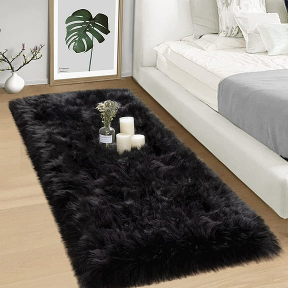 Sanmadrola Luxury Soft Faux Sheepskin Couch Seat Cushion Fake Fur Area Rugs for Bedroom and Living Room Runner, 2ft x 6ft, Black