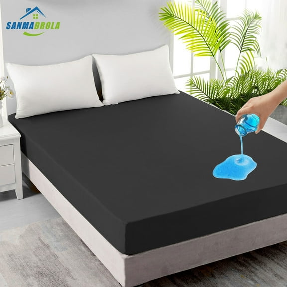 Sanmadrola Mattress Protector 100% Waterproof Mattress Protector Premium Five-sides TPU Membrane Layer Waterproof Mattress Cover Breathable Fitted Deep Pocket Mattress Pad Cover, Black, Full