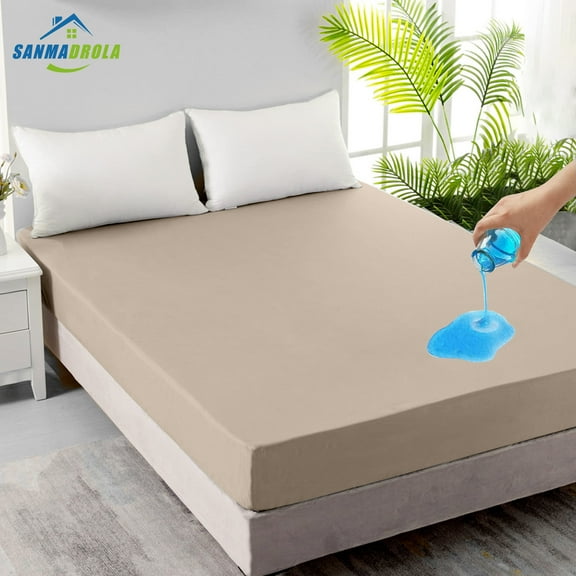 Sanmadrola Mattress Protector 100% Waterproof Mattress Protector Premium Five-sides TPU Membrane Layer Waterproof Mattress Cover Breathable Fitted Deep Pocket Mattress Pad Cover, King, Khaki