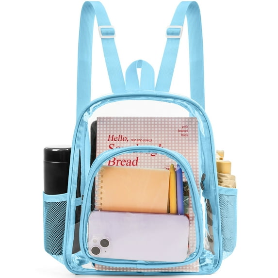 Sanmadrola Mini Clear Backpack Heavy Duty Stadium Approved PVC Transparent Backpacks Small Clear Backpack with Reinforced Strap for School, Travel, Light Blue