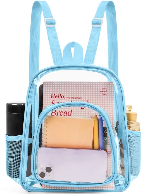 Mini Clear Backpack Heavy Duty Stadium Approved PVC Transparent Backpacks Small Clear Backpack with Reinforced Strap for School, Travel, Light Blue