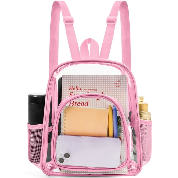 Sanmadrola Mini Clear Backpack Heavy Duty Stadium Approved PVC Transparent Backpacks Small Clear Backpack with Reinforced Strap for School, Travel, Pink