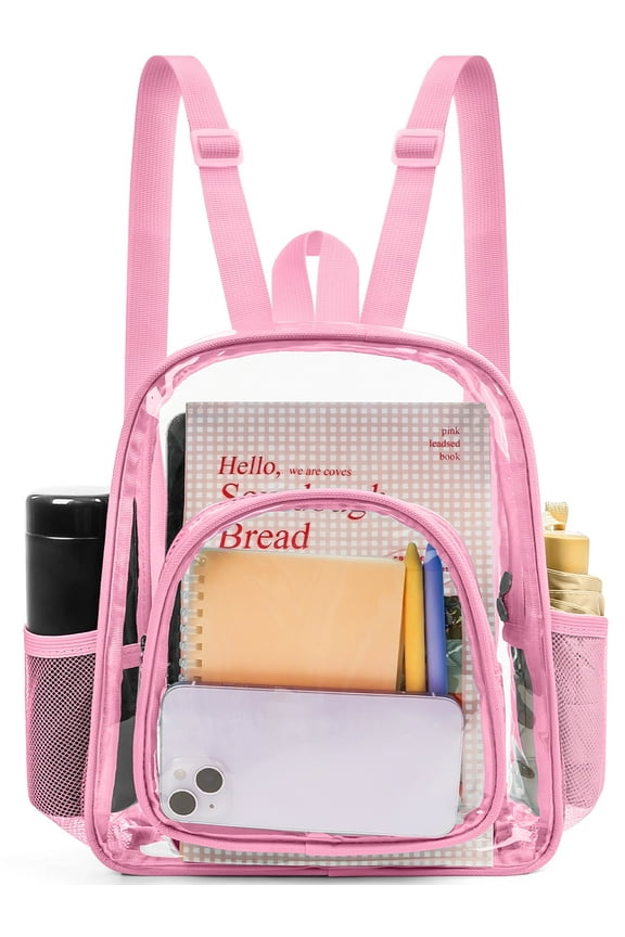 Mini Clear Backpack Heavy Duty Stadium Approved PVC Transparent Backpacks Small Clear Backpack with Reinforced Strap for School, Travel, Pink