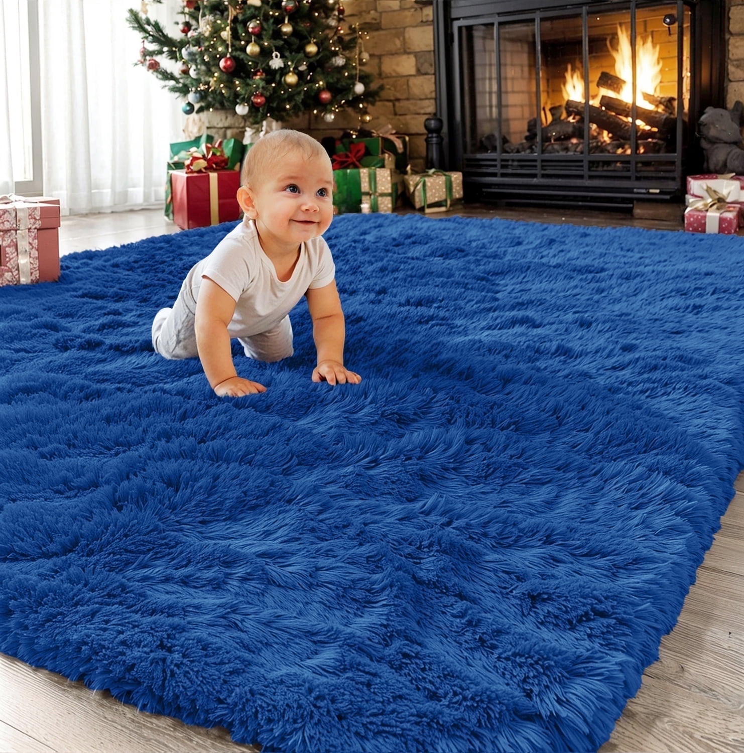 SANMADROLA, Navy Blue Area Rug, 4'X5.3', Fluffy Shag Rug for
