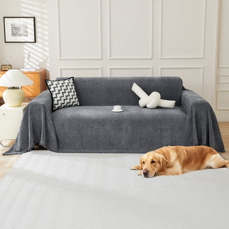 Sanmadrola Sofa Cover Non Slip Couch Cover for 3 Cushion Couch Machine Washable Furniture Protector for Dogs Pet Chenille Throw Slipcover Blanket for Living Room (Gray, 91"x134")
