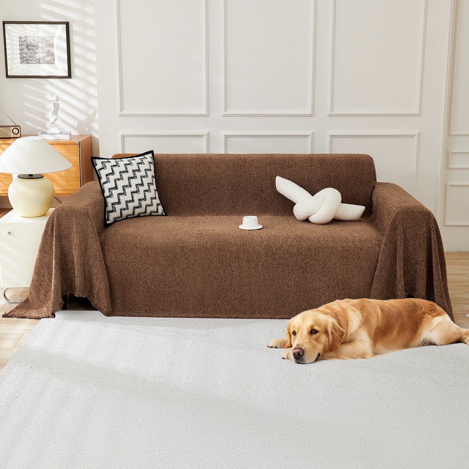 Sanmadrola Sofa Cover Non Slip Couch Cover for 3 Cushion Couch Machine Washable Furniture Protector for Dogs Pet Chenille Throw Slipcover Blanket for Living Room (Brown, 71"x134")