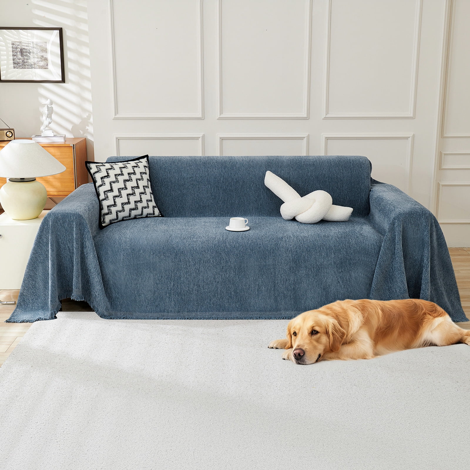 Sanmadrola Sofa Cover Non Slip Couch Cover for 3 Cushion Couch Machine Washable Furniture Protector for Dogs Pet Chenille Throw Slipcover Blanket for Living Room (Blue, 71"x118")
