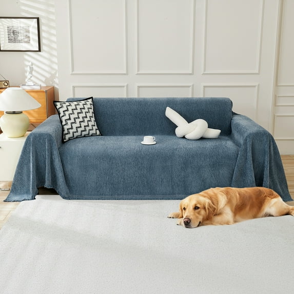 Sanmadrola Sofa Cover Non Slip Couch Cover for 3 Cushion Couch Machine Washable Furniture Protector for Dogs Pet Chenille Throw Slipcover Blanket for Living Room (Blue, 91"x134")