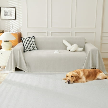 Sanmadrola Sofa Cover Non Slip Couch Cover for 3 Cushion Couch Machine Washable Furniture Protector for Dogs Pet Chenille Throw Slipcover Blanket for Living Room (Off White, 91"x134")