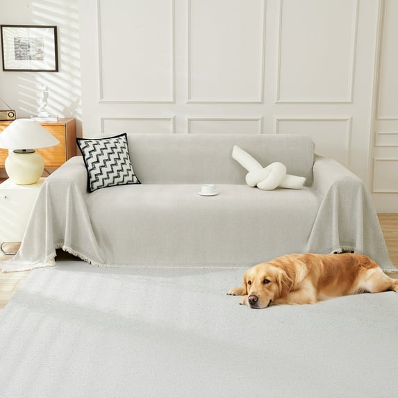 Sanmadrola Sofa Cover Non Slip Couch Cover for 3 Cushion Couch Machine Washable Furniture Protector for Dogs Pet Chenille Throw Slipcover Blanket for Living Room (Off White, 91"x134")