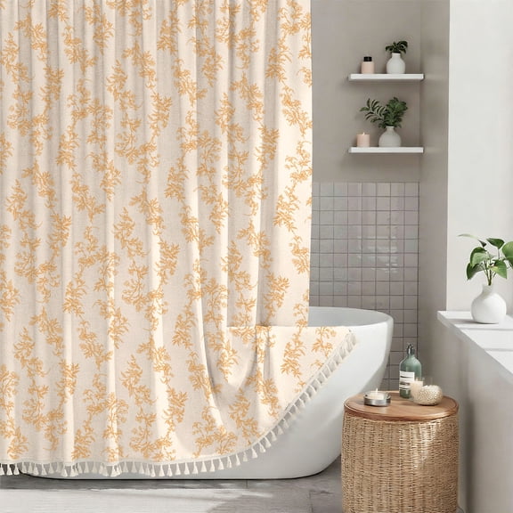 Sanmadrola Orange Shower Curtain Floral Plant Shower Curtain Set with Tassels, Heavy Duty Faux Cotton Linen Cottagecore Boho Vintage Rustic Shower Curtains with Hooks for Bathroom Decor, 72x72 in