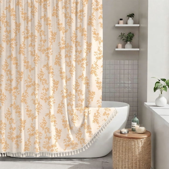 Sanmadrola Orange Shower Curtain Floral Plant Shower Curtain Set with Tassels, Heavy Duty Faux Cotton Linen Cottagecore Boho Vintage Rustic Shower Curtains with Hooks for Bathroom Decor, 72x72 in