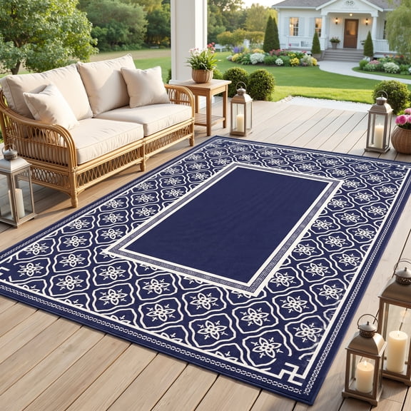 Sanmadrola Outdoor Rug for Patio Clearance, Waterproof Indoor Outdoor Plastic Straw Rugs Carpet, Reversible Outside Area Rv Mat for Camping, Balcony Porch, Deck, Picnic, Beach (Blue & Gray)