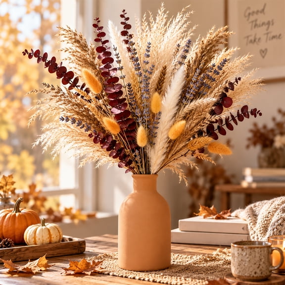 Sanmadrola Pampas Grass Fall Decor Autumn Decorations for Home Thanksgiving Table Boho Flowers Orange Fluffy Dried Flower Dry Pompas 17" Decorations Indoor
