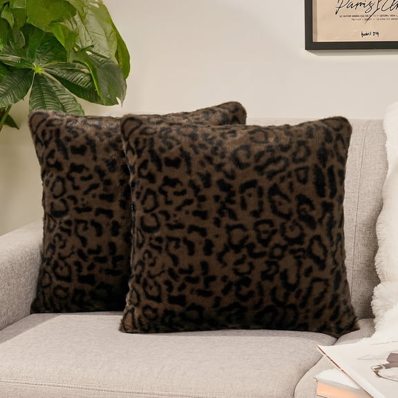 Sanmadrola Pillow Covers 18x18 Plush Leopard Throw Pillow Cover Faux Rabbit Fur Cozy Super Soft Decorative Throw Pillows for Couch Bed and Home Decor, 2 Pack