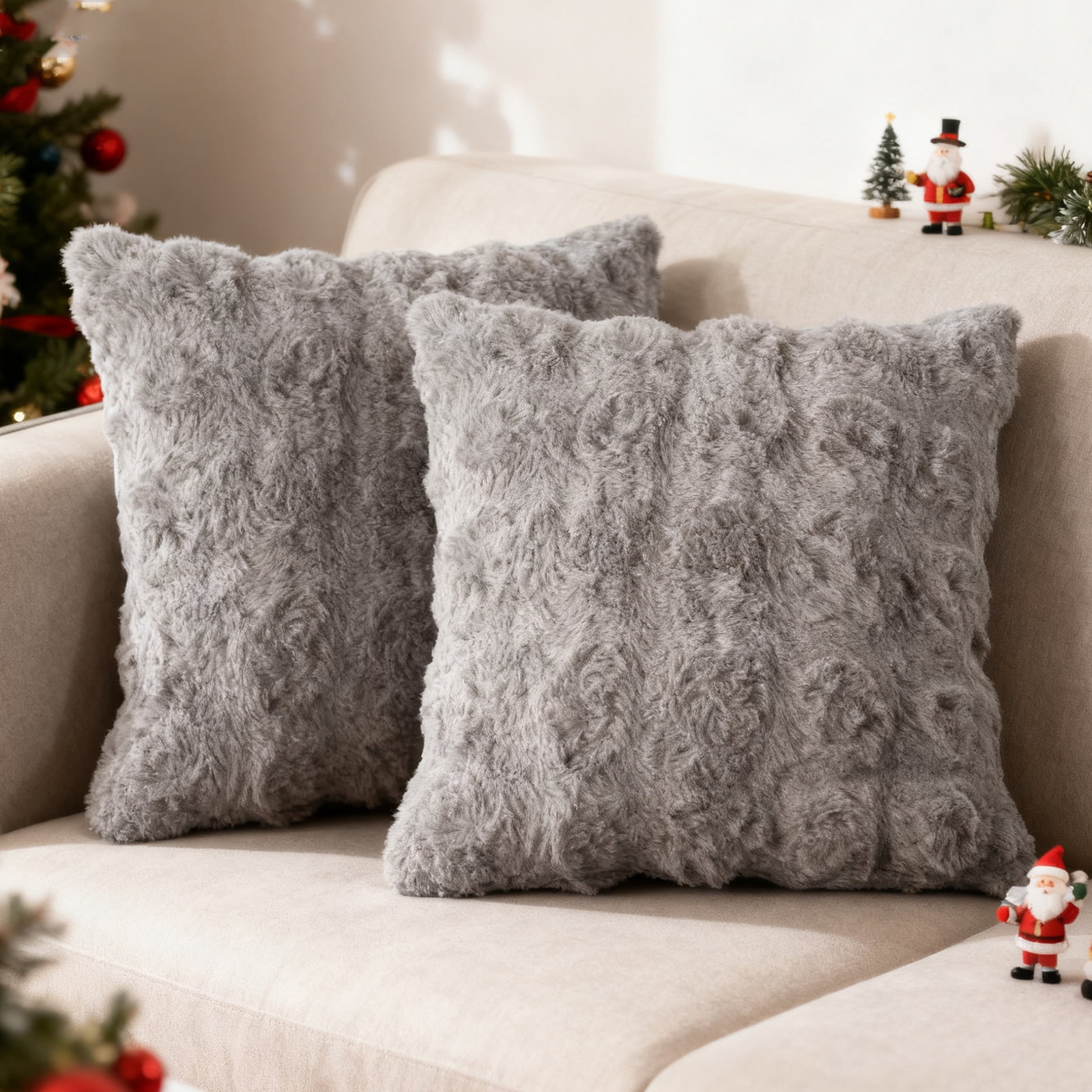 Sanmadrola Pillow Covers 18x18 Fluffy Faux Rabbit Fur Decorative Throw Pillows Case, Shaggy Decorative Cushion Covers for Sofa, Bedroom, Living Room, Cozy Home Décor, Set of 2
