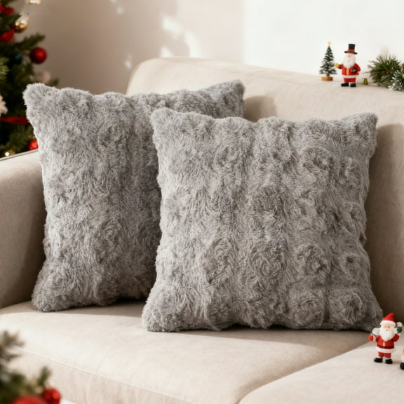 Sanmadrola Pillow Covers 18x18 Fluffy Faux Rabbit Fur Decorative Throw Pillows Case, Shaggy Decorative Cushion Covers for Sofa, Bedroom, Living Room, Cozy Home Décor, Set of 2