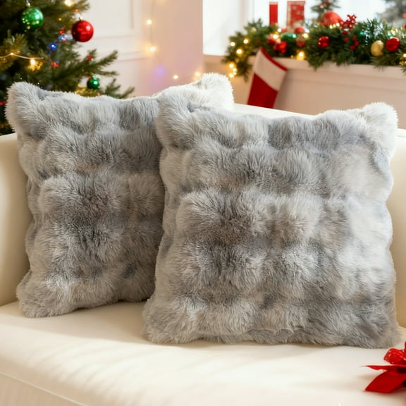 Sanmadrola Pillow Covers 18x18 Fluffy Faux Rabbit Fur Decorative Throw Pillows Case, Shaggy Decorative Cushion Covers for Sofa, Bedroom, Living Room, Cozy Home Décor, Set of 2
