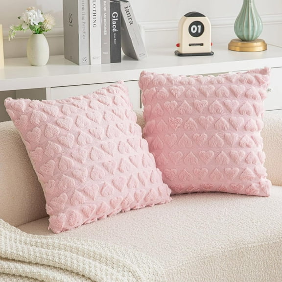 Sanmadrola Pillow Covers 2 Pack Heart Love Cute Decorative Throw Pillow Covers 18x18 Soft Plush Faux Fur Wool Pillow Covers for Couch Sofa Home Valentines Day Pink