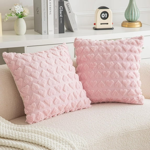 Sanmadrola Pillow Covers 2 Pack Heart Love Cute Decorative Throw Pillow Covers 18x18 Soft Plush Faux Fur Wool Pillow Covers for Couch Sofa Home Valentines Day Pink