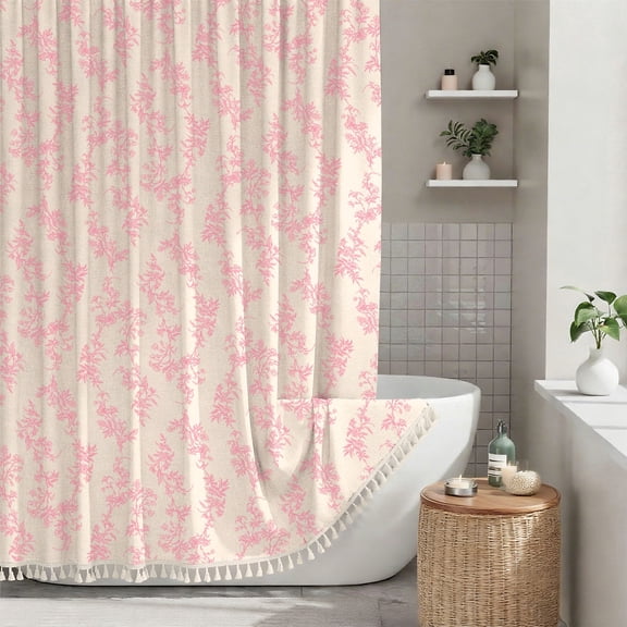 Sanmadrola Pink Shower Curtain Floral Plant Shower Curtain Set with Tassels, Heavy Duty Faux Cotton Linen Cottagecore Boho Vintage Rustic Shower Curtains with Hooks for Bathroom Decor, 72x72 in