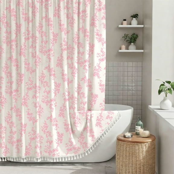 Sanmadrola Pink Shower Curtain Floral Plant Shower Curtain Set with Tassels, Heavy Duty Faux Cotton Linen Cottagecore Boho Vintage Rustic Shower Curtains with Hooks for Bathroom Decor, 72x72 in