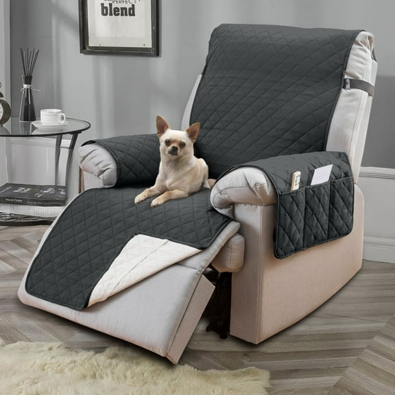 Sanmadrola Recliner Chair Cover, Recliner Cover Non-Slip Dog Chair Cover with Pocket and Elastic Straps, Reclining Couch Covers for Pets, Dogs (25 inch" Black Gray)