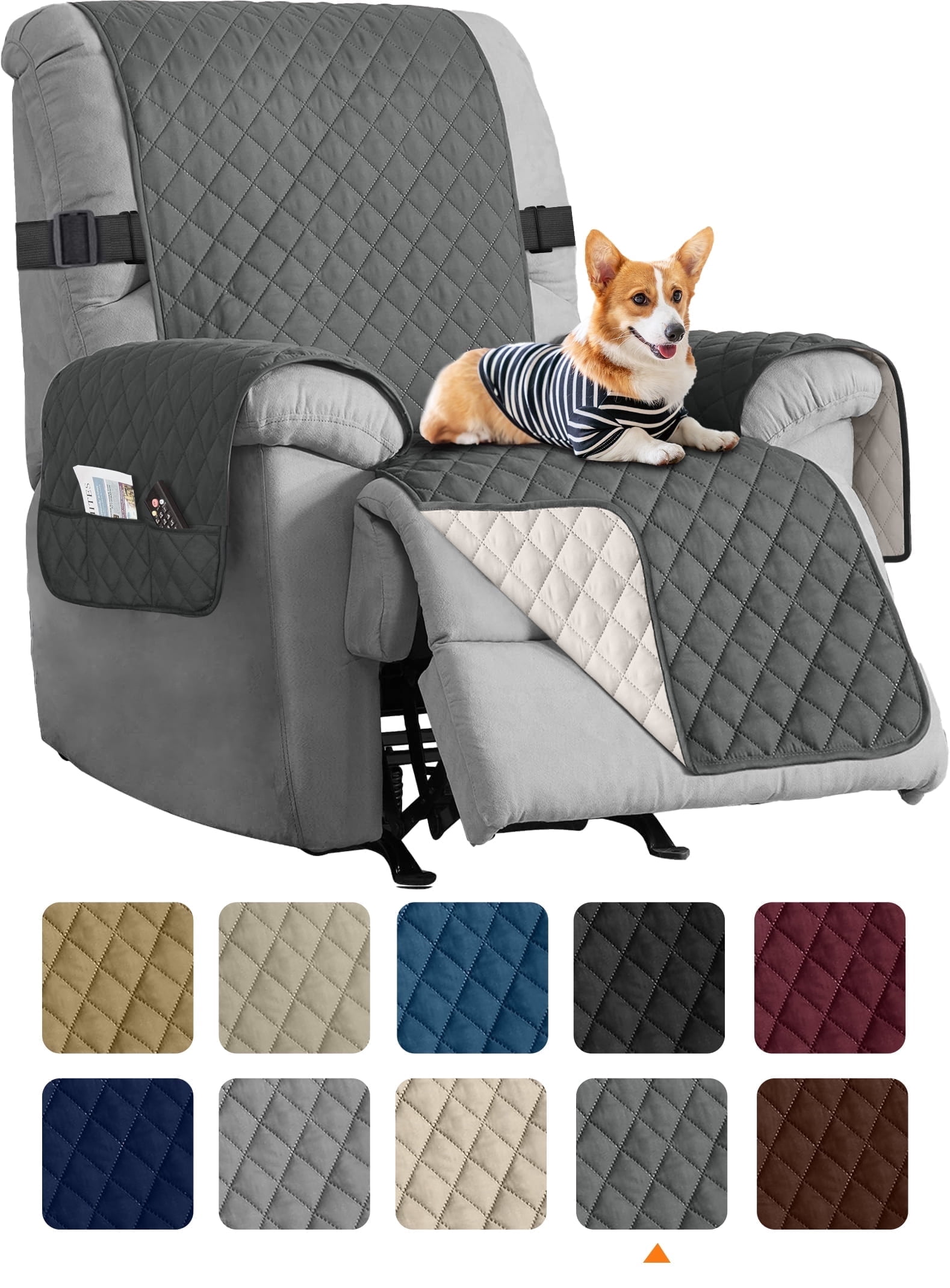 Sanmadrola Recliner Chair Cover Reversible Small Recliner Slipcover for Dogs Seat Width to 28 Inch Washable Couch Cover with Elastic Straps for Kids and Pets(Large Recliner, Grey)
