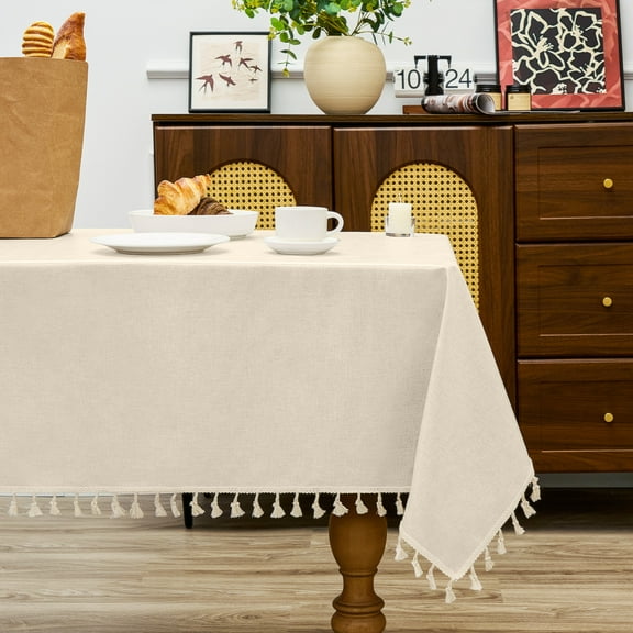 Sanmadrola Rectangle Table Cloth Waterproof Linen Textured Tablecloth with Tassels Decorative Tablecloths Farmhouse Table Cover for Dining Party Buffet Wedding, 55 x 87 Inch