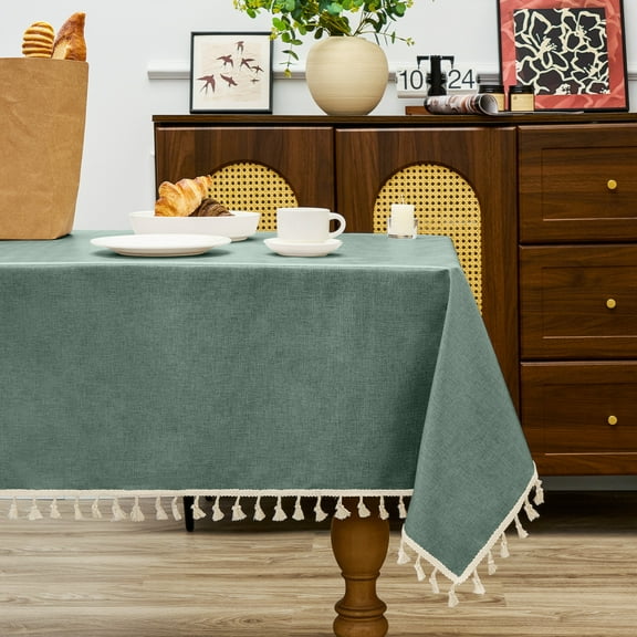 Sanmadrola Rectangle Table Cloth Waterproof Linen Textured Tablecloth with Tassels Decorative Tablecloths Farmhouse Table Cover for Dining Party Buffet Wedding, 55 x 71 Inch