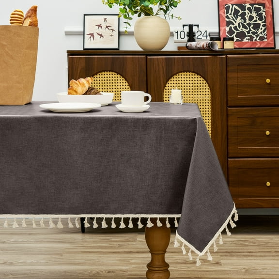 Sanmadrola Rectangle Table Cloth Waterproof Linen Textured Tablecloth with Tassels Decorative Tablecloths Farmhouse Table Cover for Dining Party Buffet Wedding, 55 x 87 Inch