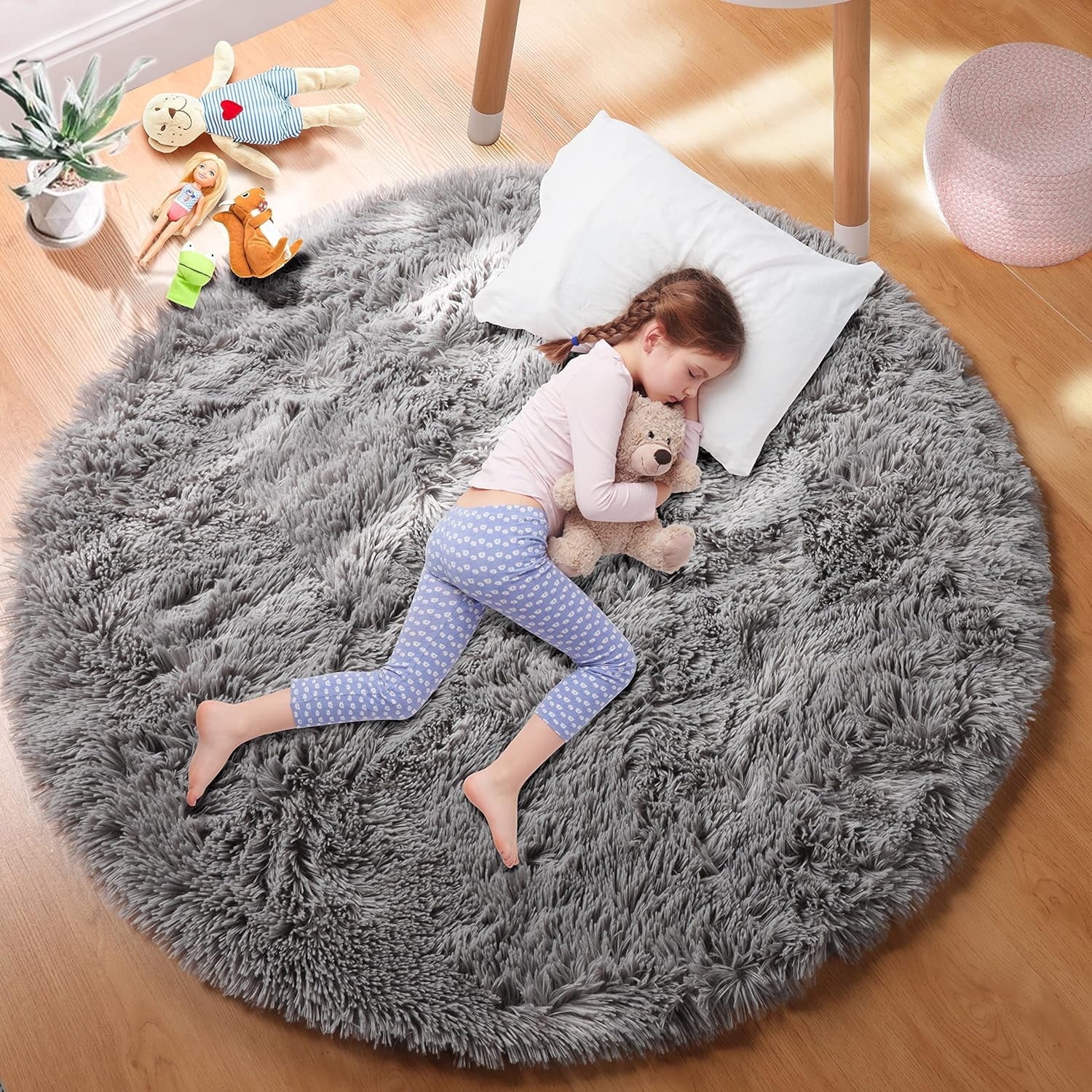 Sanmadrola Round Area Rug for Bedroom Fluffy Circle Rug 5.2'X5.2' for Kids Room Furry Carpet for Girls Bedroom Shaggy Circular Rug for Nursery Room Fuzzy Plush Rug Dorm Cute Room Decor for Baby Gray
