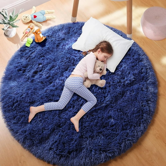 Sanmadrola Round Area Rug for Bedroom Fluffy Circle Rug 5.2'X5.2' for Kids Room Furry Carpet for Girls Bedroom Shaggy Circular Rug for Nursery Room Fuzzy Plush Rug Dorm Cute Room Decor for Baby Navy