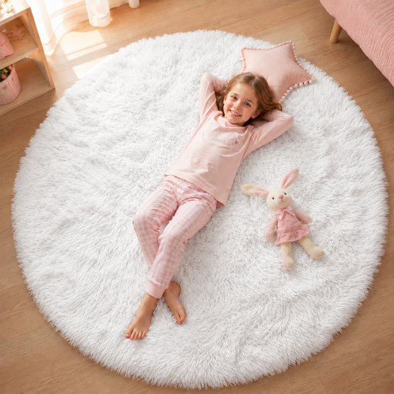 Sanmadrola Round Area Rug for Bedroom Fluffy Circle Rug 5.2'X5.2' for Kids Room Furry Carpet for Girls Bedroom Shaggy Circular Rug for Nursery Room Fuzzy Plush Rug Dorm Cute Room Decor for Baby White