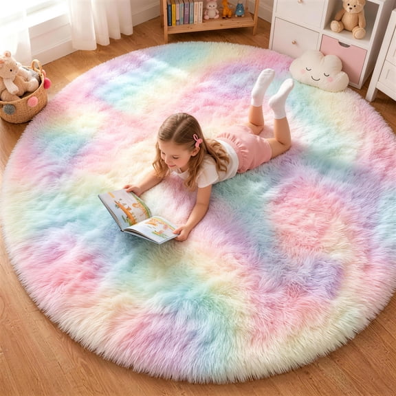 Sanmadrola Round Area Rug for Bedroom Fluffy Circle Rug 5.2'X5.2' for Kids Room Furry Carpet for Girls Bedroom Shaggy Circular Rug for Nursery Room Fuzzy Plush Rug Dorm Baby Room Decor Rainbow