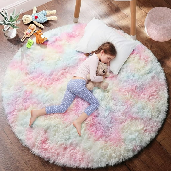 Sanmadrola Round Area Rug for Bedroom Fluffy Circle Rug 5.2'X5.2' for Kids Room Furry Carpet for Girls Bedroom Shaggy Circular Rug for Nursery Room Fuzzy Plush Rug Dorm Baby Room Decor Rainbow