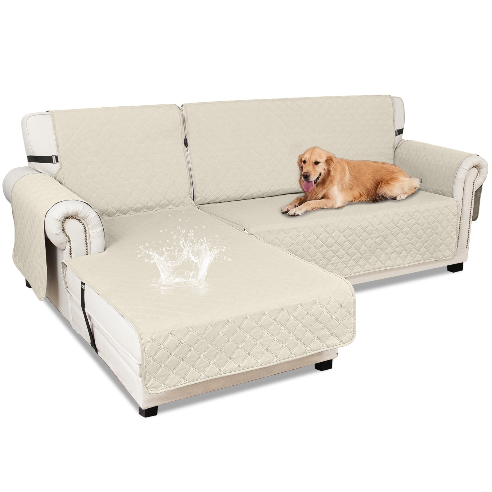 Sanmadrola Sectional Couch Covers Waterproof L Shape Sofa Cover Reversible Slipcover Chaise Lounge Cover Furniture Protector Cover for Pets Dog Cat Kids, Ivory, Small