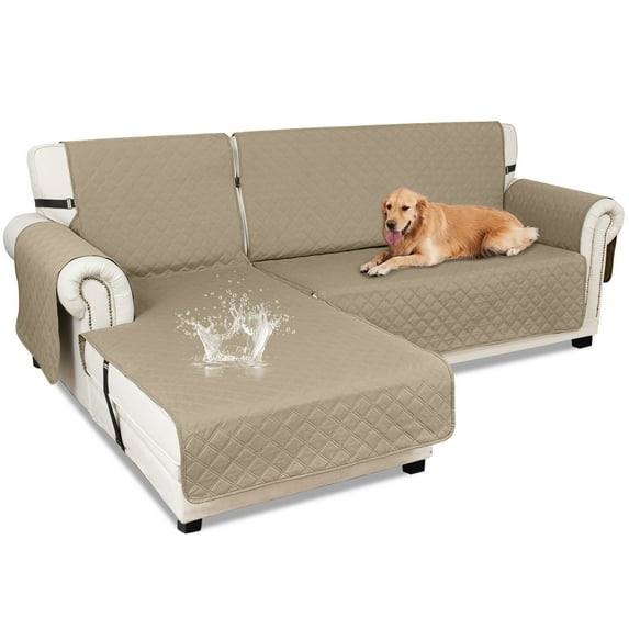 Sanmadrola Sectional Couch Covers Waterproof L Shape Sofa Cover Reversible Slipcover Chaise Lounge Cover Furniture Protector Cover for Pets Dog Cat Kids, Khaki, X-Large