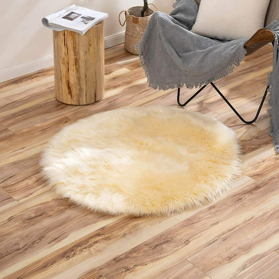 Sanmadrola Shag Area Rug, 3x3 Round Beige Yellow Indoor Ultra Soft Plush Rugs for Living Room, Non-Skid Modern Nursery Faux Fur Rugs for Kids Room Home Decor