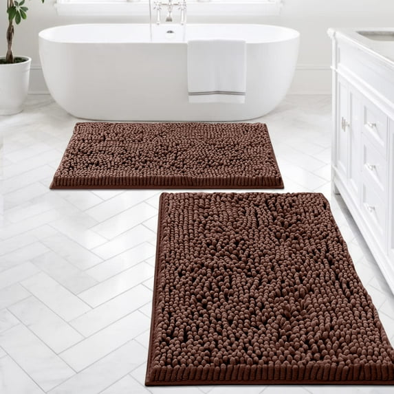 Sanmadrola Shaggy Bathroom Rugs Non-Slip Absorbent Thick Soft Bath Rug Mat for Bathroom, Polyester, Brown, 2 Pack, 23.6x15.7 Inches/ 31.5x19.7 Inches