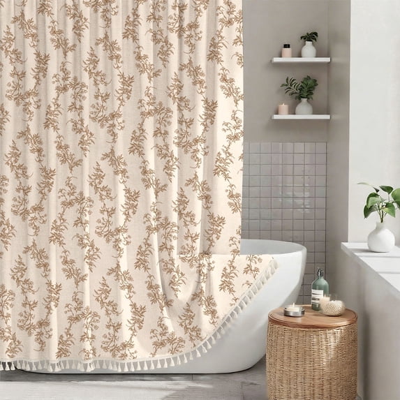 Sanmadrola Shower Curtain Floral Plant Shower Curtain Set with Tassels, Heavy Duty Faux Cotton Linen Cottagecore Boho Vintage Rustic Shower Curtains with Hooks for Bathroom Decor, 72x72 in