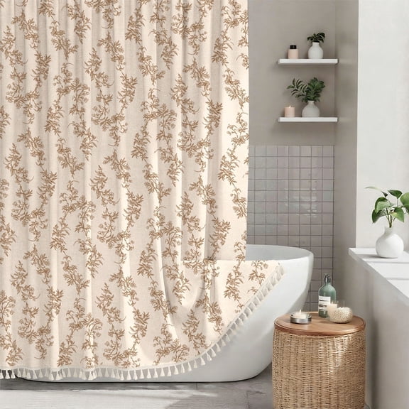 Sanmadrola Shower Curtain Floral Plant Shower Curtain Set with Tassels, Heavy Duty Faux Cotton Linen Cottagecore Boho Vintage Rustic Shower Curtains with Hooks for Bathroom Decor, 72x72 in