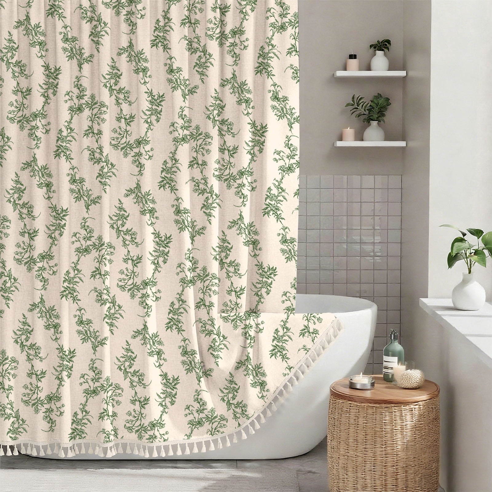 Sanmadrola Shower Curtain Floral Plant Shower Curtain Set with Tassels, Heavy Duty Faux Cotton Linen Cottagecore Boho Vintage Rustic Shower Curtains with Hooks for Bathroom Decor, 72x72 in