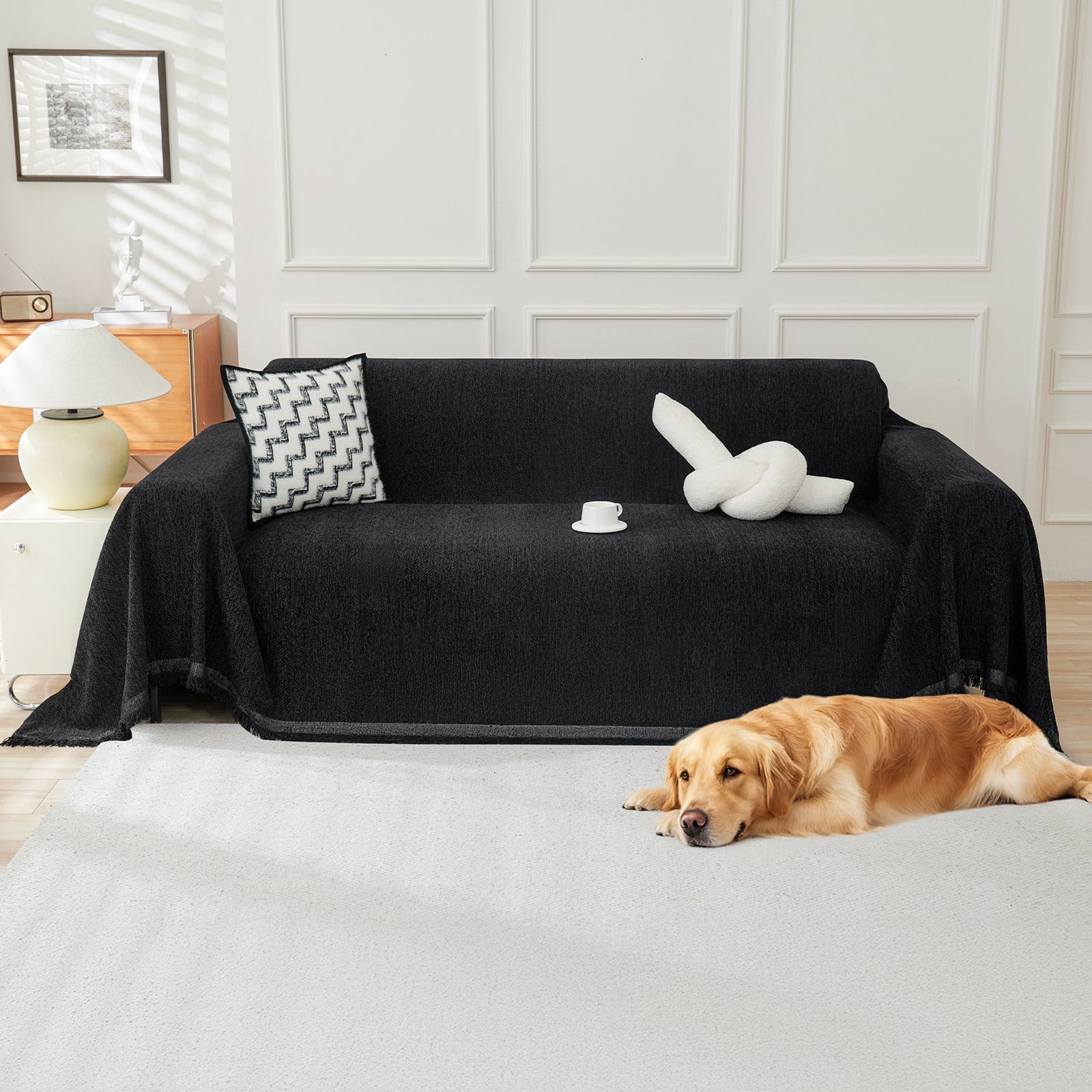Sanmadrola Sofa Cover Non Slip Couch Cover for 3 Cushion Couch Machine Washable Furniture Protector for Dogs Pet Chenille Throw Slipcover Blanket for Living Room (Black, 71"x118")