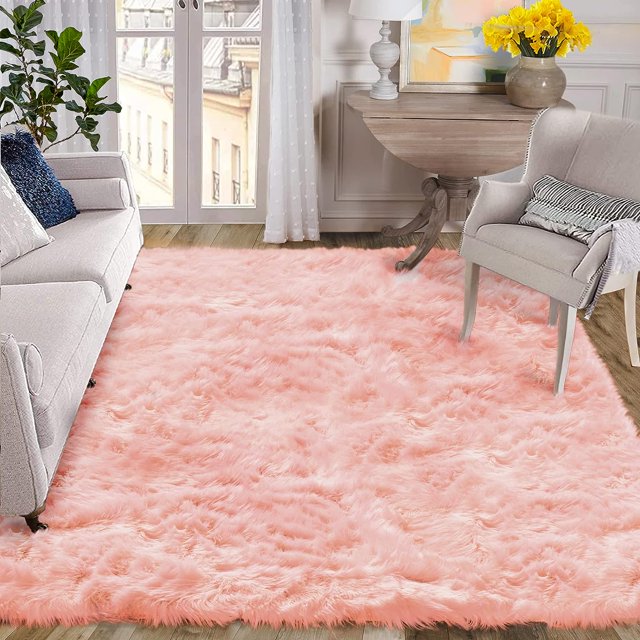 Sanmadrola Soft Modern Indoor Shaggy Area Rug for Bedroom Livingroom Dorm Kids Room Home Decorative, Non-Slip Plush Fluffy Furry Fur Rugs Comfy Nursery Accent Floor Carpet 6x9 Feet Pink