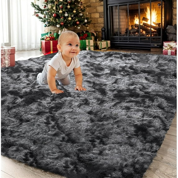 Sanmadrola Super Soft Shaggy Rugs Carpets 2.6x5.2 Feet Plush Area Rugs for Living Room Bedroom, Fluffy Rug for Nursery Playroom Dorm Room, Shag Plush Rug for Teen Room Decor, Tie-Dye Gray