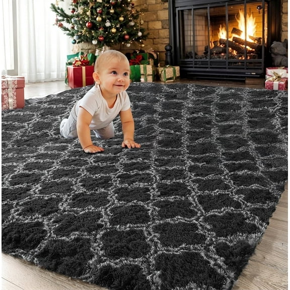 Sanmadrola Super Soft Shaggy Rugs Carpets 2.4x5.2 Feet Plush Area Rugs for Living Room Bedroom, Fluffy ​Rug for Nursery Playroom Dorm Room, Shag Plush Rug for Teen Room Decor, Black