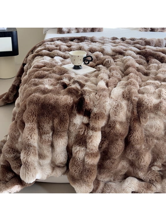 Throw Blanket Faux Fur for Couch, Fuzzy Soft Plush Thick Bubble Blanket for Sofa Bedroom Living Room 50''x 60'' Tye Die Brown